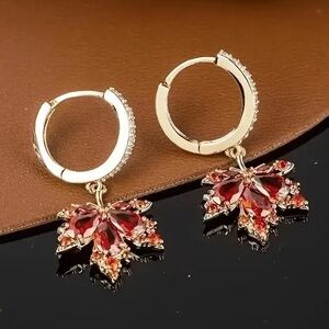 Earrings Maple Leaf Fall Harvest Dangle Leaves Gold Rhinestones Minimalist Glam